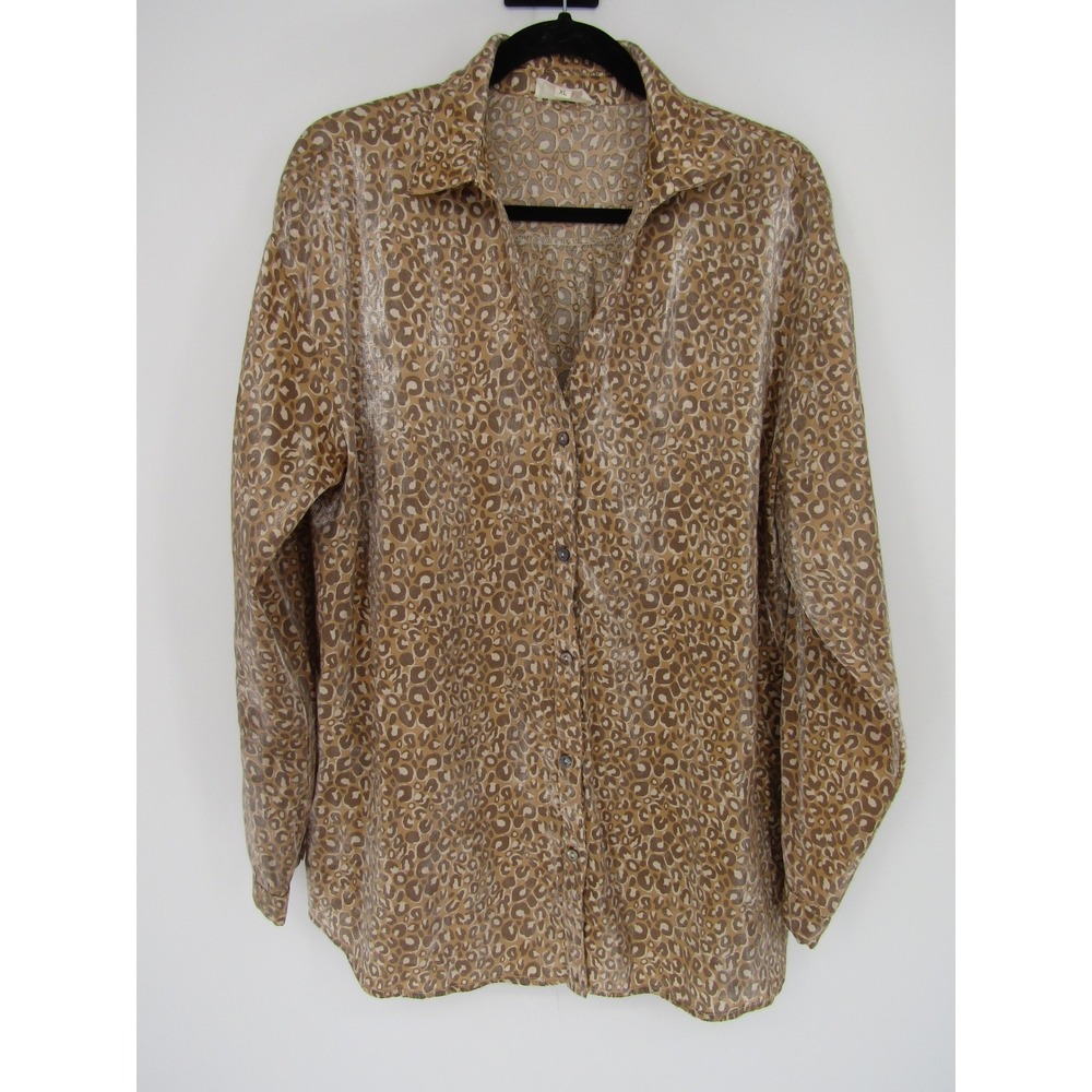Tan Shirt XL Leopard Print Metallic Long Sleeve